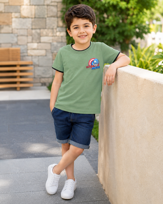 Biskid Boys "Captain America" Graphic T-Shirt - Olive Green