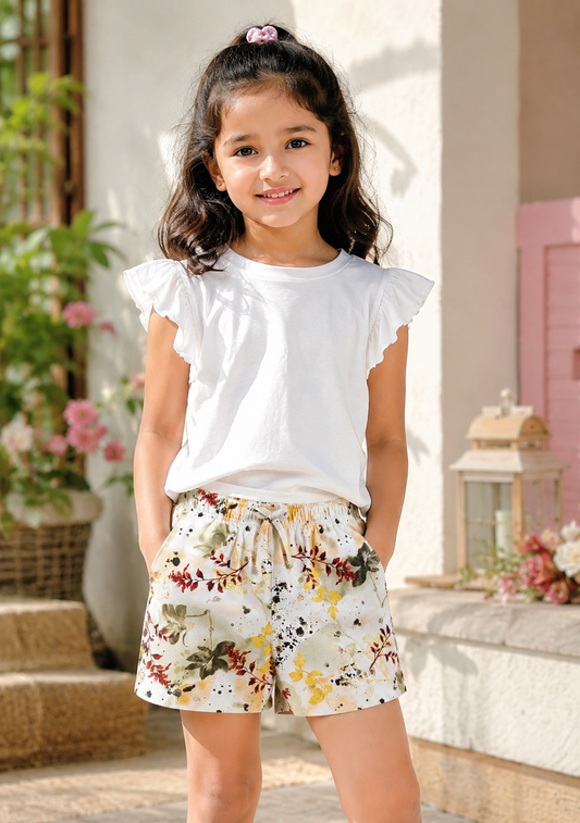 Biskid Watercolor Leaf & Splatter Summer Shorts for Girls