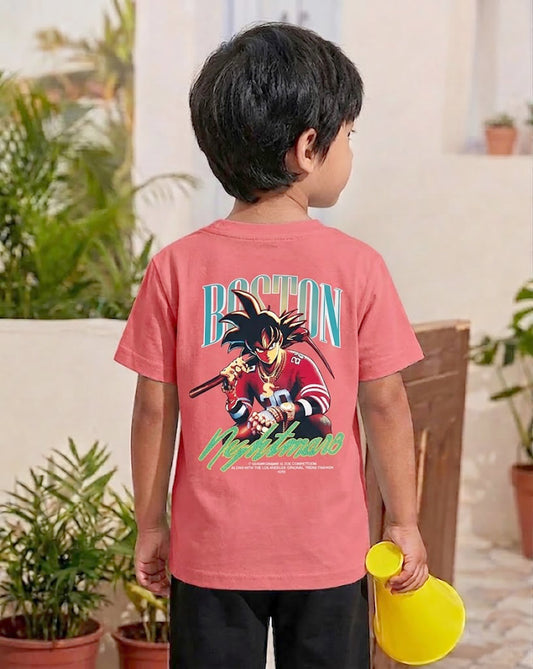 Image file 871-Brick.jpg showing a Biskid brand boys' brick red crew neck t-shirt with a "BOSTON" graphic on the front, displayed on a wooden hanger with a wooden cat-shaped toy and two toy cars nearby.