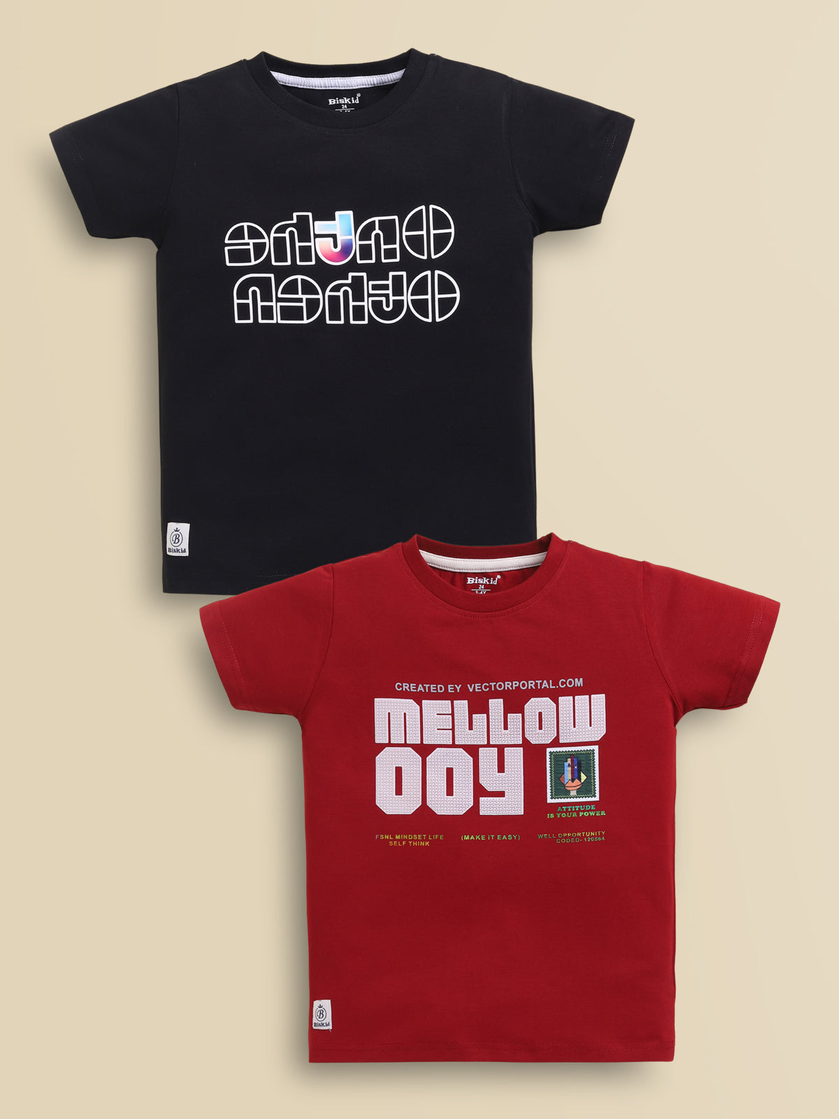Image file black_ marron.jpg showing a 2-pack of Biskid boys short-sleeve t-shirts featuring graphic prints, including a black tee with an abstract futuristic graphic and a maroon tee with "MELLOW" block typography.