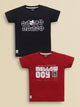 Image file black_ marron.jpg showing a 2-pack of Biskid boys short-sleeve t-shirts featuring graphic prints, including a black tee with an abstract futuristic graphic and a maroon tee with "MELLOW" block typography.