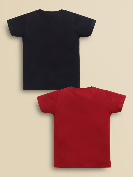 Image file black_ marron.jpg showing a 2-pack of Biskid boys short-sleeve t-shirts featuring graphic prints, including a black tee with an abstract futuristic graphic and a maroon tee with "MELLOW" block typography.