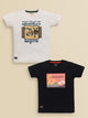 Image file black_creem.jpg showing a 2-pack of Biskid boys short-sleeve t-shirts featuring graphic prints, including an off-white tee with an "adventure begins" bicycle print and a black tee with a "DESERT" sunset landscape graphic.