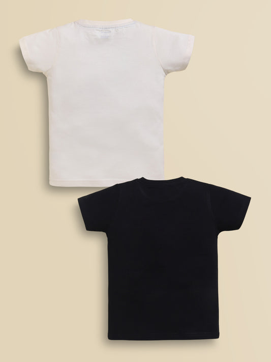 Image file black_creem.jpg showing a 2-pack of Biskid boys short-sleeve t-shirts featuring graphic prints, including an off-white tee with an "adventure begins" bicycle print and a black tee with a "DESERT" sunset landscape graphic.