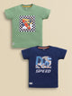 Image file blue_green.jpg showing a 2-pack of Biskid boys short-sleeve t-shirts featuring graphic prints, including an olive green tee with a checkered skater frame graphic and a navy blue tee with "SPEED" skater motion graphics.