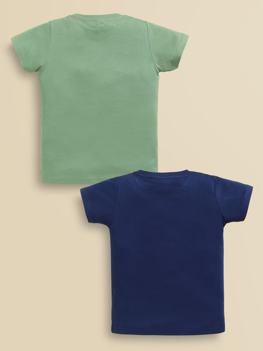 Image file blue_green.jpg showing a 2-pack of Biskid boys short-sleeve t-shirts featuring graphic prints, including an olive green tee with a checkered skater frame graphic and a navy blue tee with "SPEED" skater motion graphics.