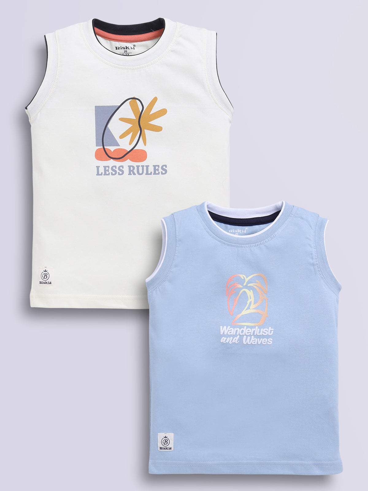 Image file blue_lemon.jpg showing a 2-pack of Biskid boys sleeveless vests/tank tops featuring graphic prints, including an off-white vest with "LESS RULES" typography and a light blue vest with "Wanderlust and Waves" palm tree graphics.