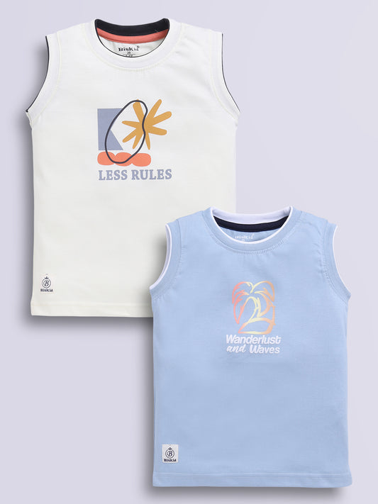 Image file blue_lemon.jpg showing a 2-pack of Biskid boys sleeveless vests/tank tops featuring graphic prints, including an off-white vest with "LESS RULES" typography and a light blue vest with "Wanderlust and Waves" palm tree graphics.