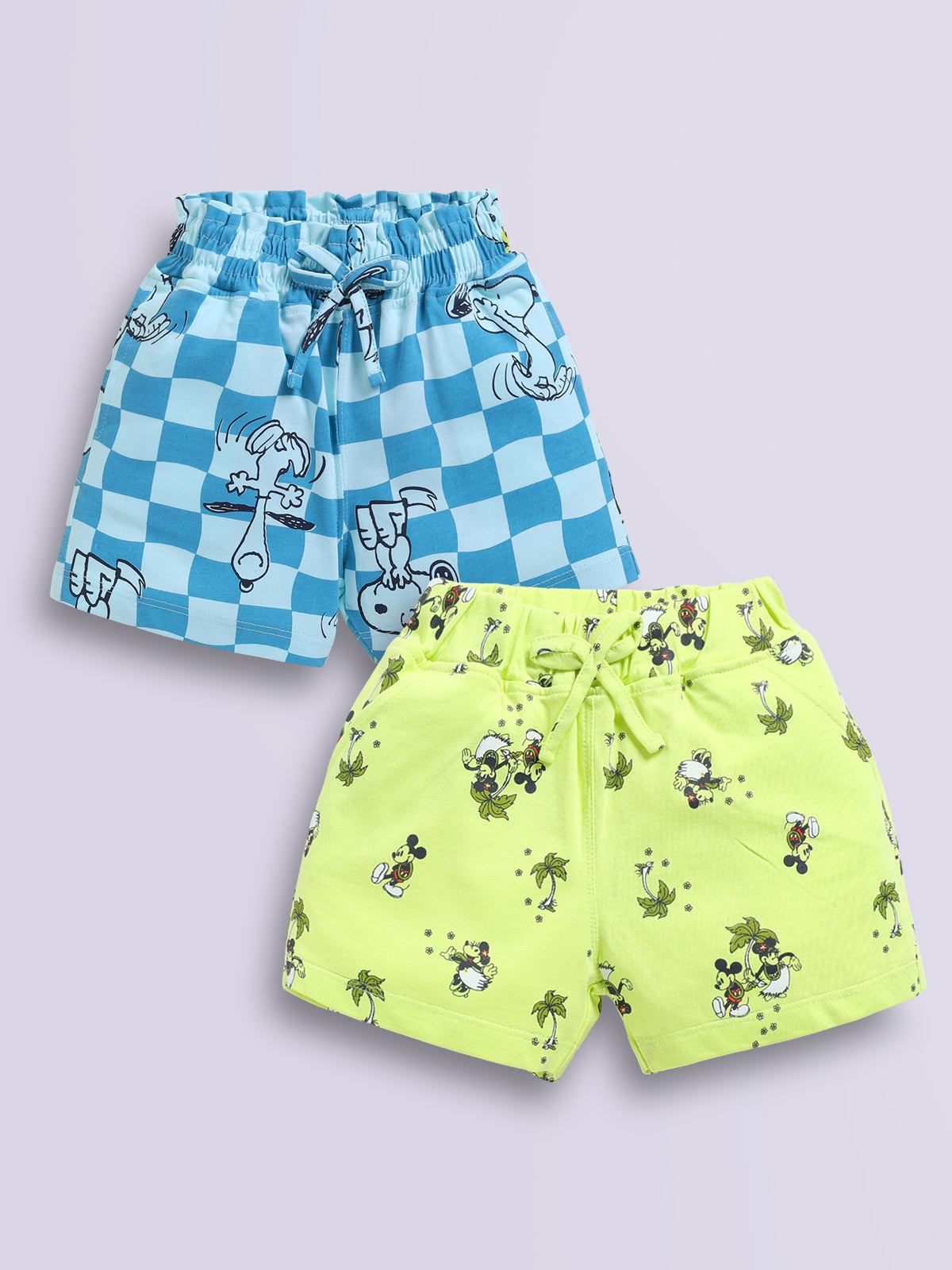 Biskid Girls Disney "Mickey & Friends" Pack of 2 Snoopy Blue Checkered and Mickey Mouse Lemon Yellow Tropical Printed Casual Shorts