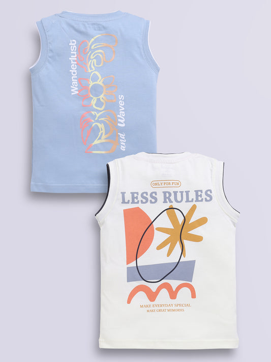 Image file blue_lemon.jpg showing a 2-pack of Biskid boys sleeveless vests/tank tops featuring graphic prints, including an off-white vest with "LESS RULES" typography and a light blue vest with "Wanderlust and Waves" palm tree graphics.