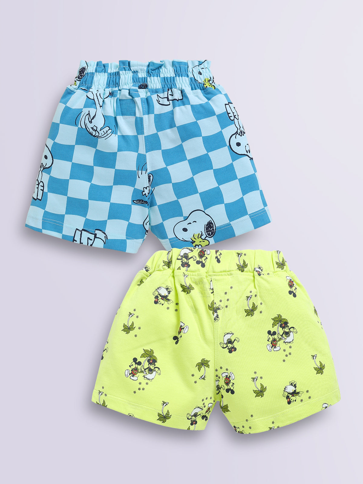 Biskid Girls Disney "Mickey & Friends" Pack of 2 Snoopy Blue Checkered and Mickey Mouse Lemon Yellow Tropical Printed Casual Shorts