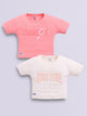 Image file cream_D.peach.jpg showing a 2-pack of Biskid girls short-sleeve casual crop tops featuring embossed typographic prints, including a dark peach "GAME ON" top and a cream "GOOD VIBE 1998" top.