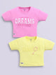 Image file d.pink_lemon.jpg showing a 2-pack of Biskid girls short-sleeve casual crop tops featuring embossed typographic prints, including a dark pink "DREAMS NEW YORK" top and a lemon yellow "GAME ON" top.
