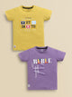 Image file d.purple_gold.jpg showing a 2-pack of Biskid boys short-sleeve t-shirts featuring graphic prints, including a mustard yellow tee with block-letter "Sunshine" typography and a purple tee with "REBLE" lettering and graphic overlays.