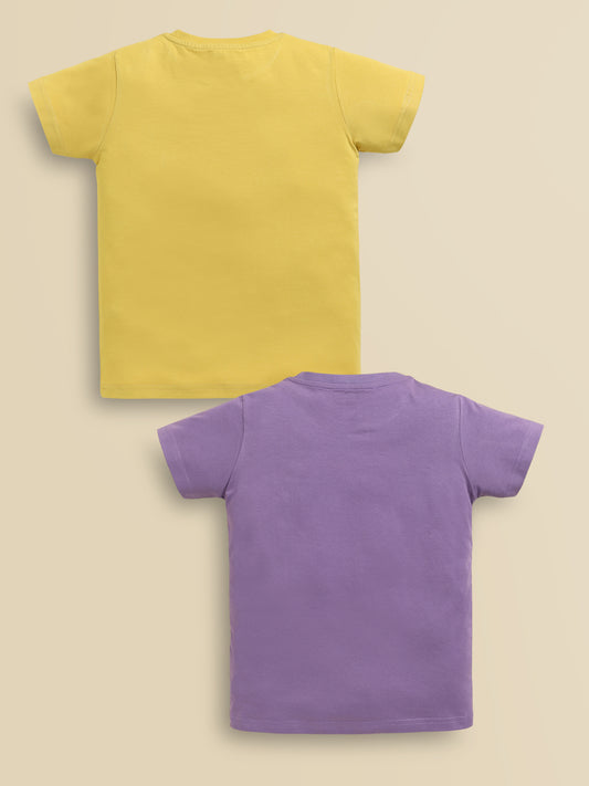 Image file d.purple_gold.jpg showing a 2-pack of Biskid boys short-sleeve t-shirts featuring graphic prints, including a mustard yellow tee with block-letter "Sunshine" typography and a purple tee with "REBLE" lettering and graphic overlays.