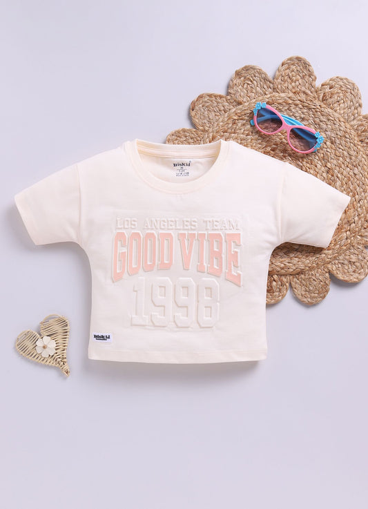 Cream Printed Drop Shoulder Top for Girls by Biskid