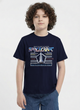 showing a young boy with curly hair modeling a Biskid brand navy blue short-sleeve t-shirt. The shirt features a space-themed chest graphic with a space shuttle, the word "SPACECRAFT" in colorful textured letters, and the text "SPACE FLIGHT PIONEERS" and "RIDE TO THE EDGE OF SPACE".