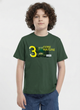 showing a young boy with curly hair modeling a Biskid brand forest green short-sleeve t-shirt. The shirt features a chest graphic containing a photo of a lush green forest, a large yellow number 3, and the text "CORE NATURE" in bright yellow.