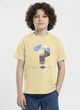 showing a young boy with curly hair modeling a Biskid brand pastel yellow short-sleeve t-shirt. The shirt features a large question mark graphic filled with a photo of a cruise ship, with the dot of the question mark acting as the letter "O" in the text "WILL YOU SAIL" printed below.