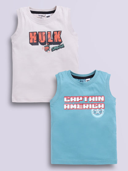 Image file g_b.jpg showing a 2-pack of Biskid boys Marvel sleeveless vests/tank tops featuring superhero graphics, including an off-white vest with "HULK SMASH!" typography and a light blue vest with "CAPTAIN AMERICA" branding.