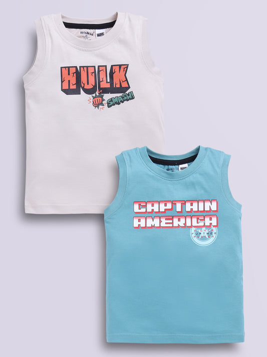 Image file g_b.jpg showing a 2-pack of Biskid boys Marvel sleeveless vests/tank tops featuring superhero graphics, including an off-white vest with "HULK SMASH!" typography and a light blue vest with "CAPTAIN AMERICA" branding.