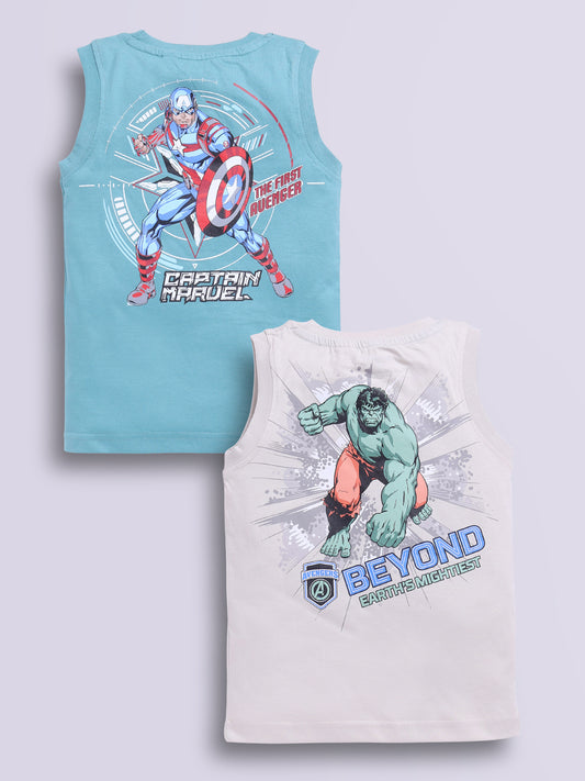 Image file g_b.jpg showing a 2-pack of Biskid boys Marvel sleeveless vests/tank tops featuring superhero graphics, including an off-white vest with "HULK SMASH!" typography and a light blue vest with "CAPTAIN AMERICA" branding.