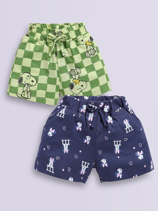 Biskid Girls Disney "Mickey & Friends" Pack of 2 Green Checkered Snoopy and Navy Blue Minnie Mouse All-Over Print Casual Shorts