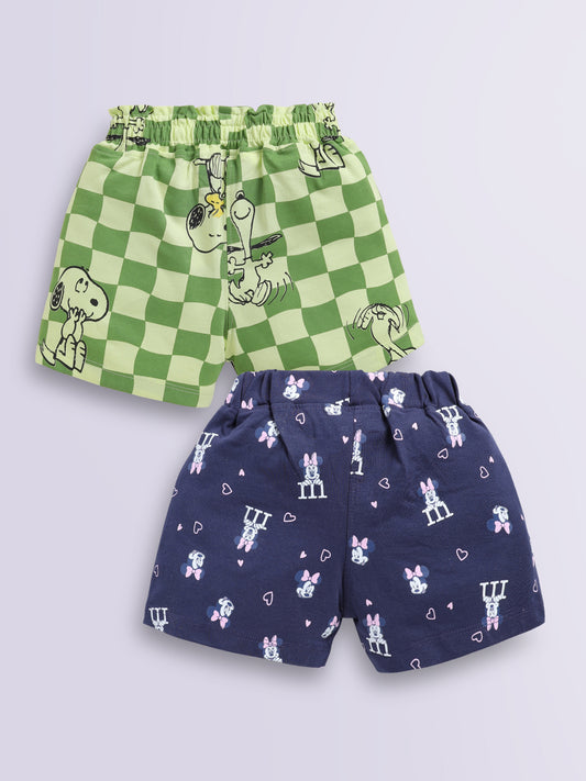 Biskid Girls Disney "Mickey & Friends" Pack of 2 Green Checkered Snoopy and Navy Blue Minnie Mouse All-Over Print Casual Shorts