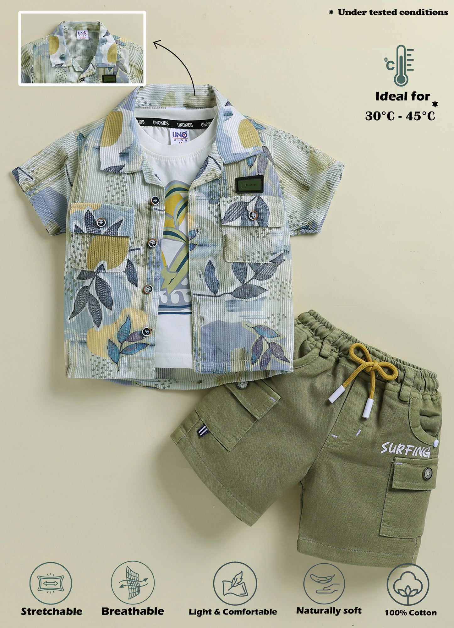 UNO KIDS Tropical Leaf Print 3-Piece Surf Suit Set for Boys-Green