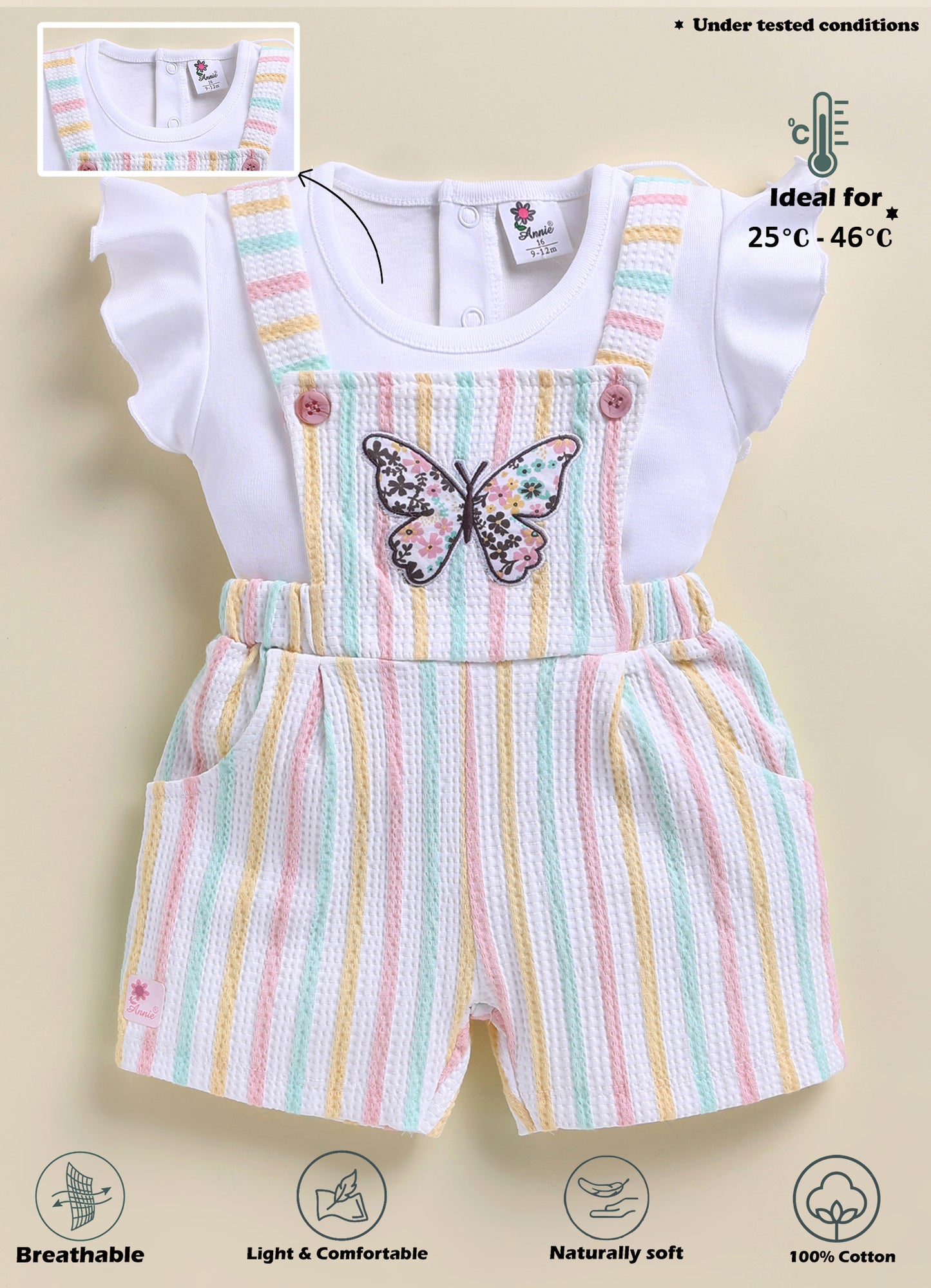 Annie Girls Pastel Striped Butterfly Overalls and Flutter Sleeve Top Set - Pink