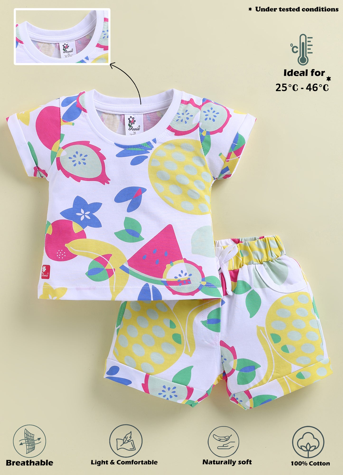 Annie Girls Tropical Fruit Print White T-Shirt and Shorts Set