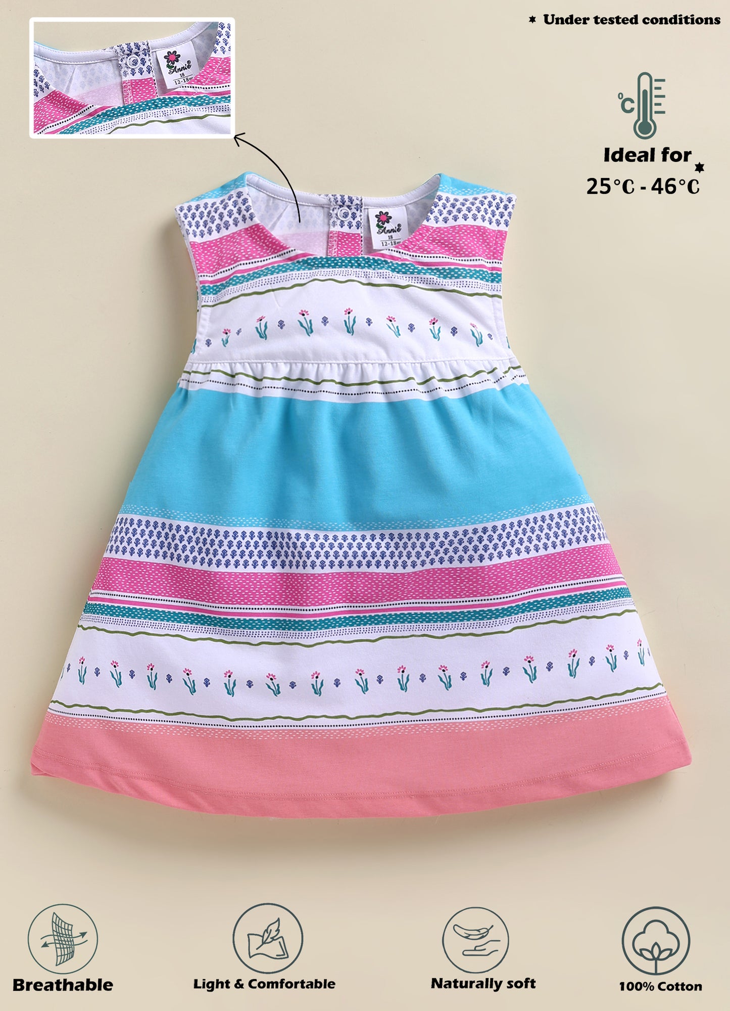 Annie Girls Colorful Striped Floral Sleeveless Pink Frock