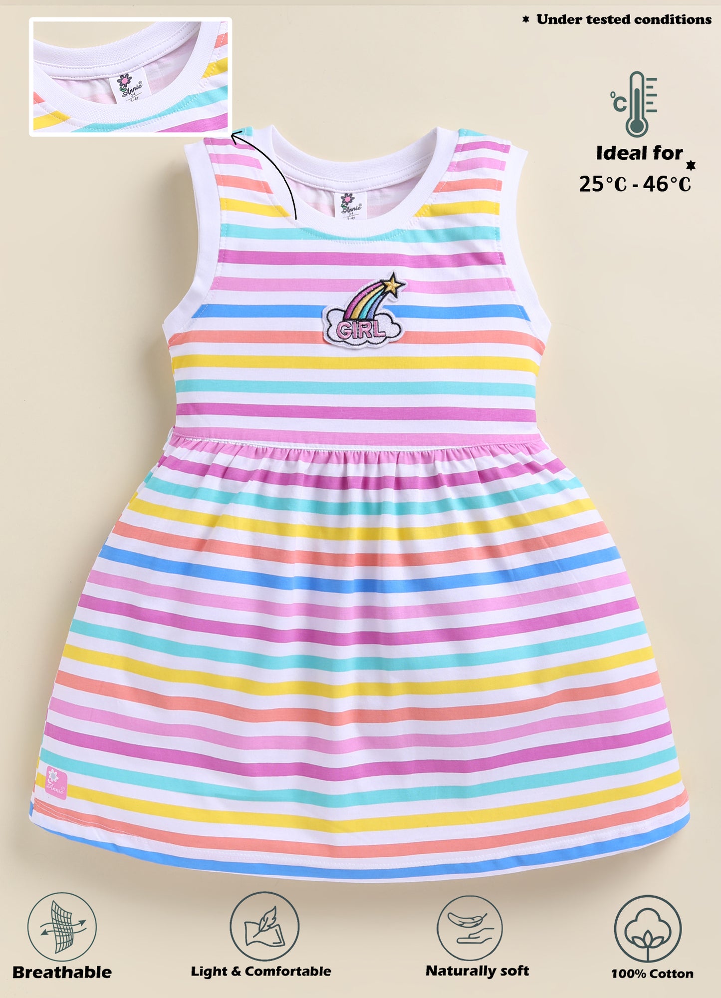 Annie Girls Pastel Rainbow Striped Sleeveless Pink Frock