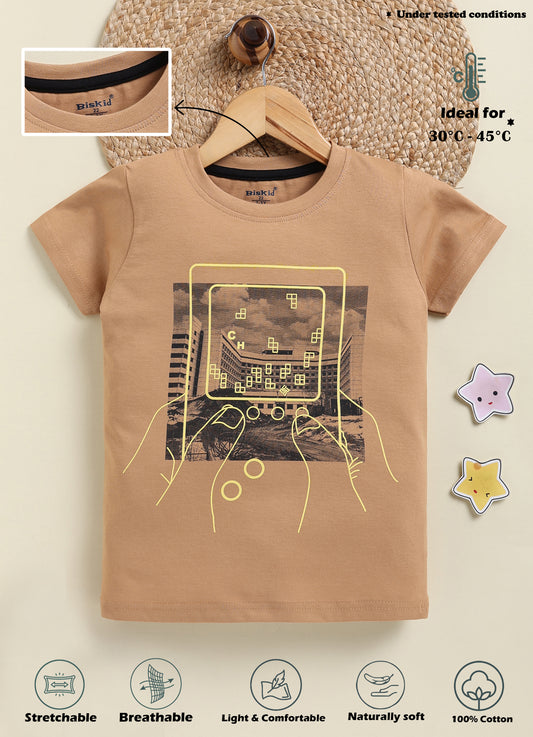 Biskid Boys Retro Gaming Graphic Crew Neck T-Shirt - Beige