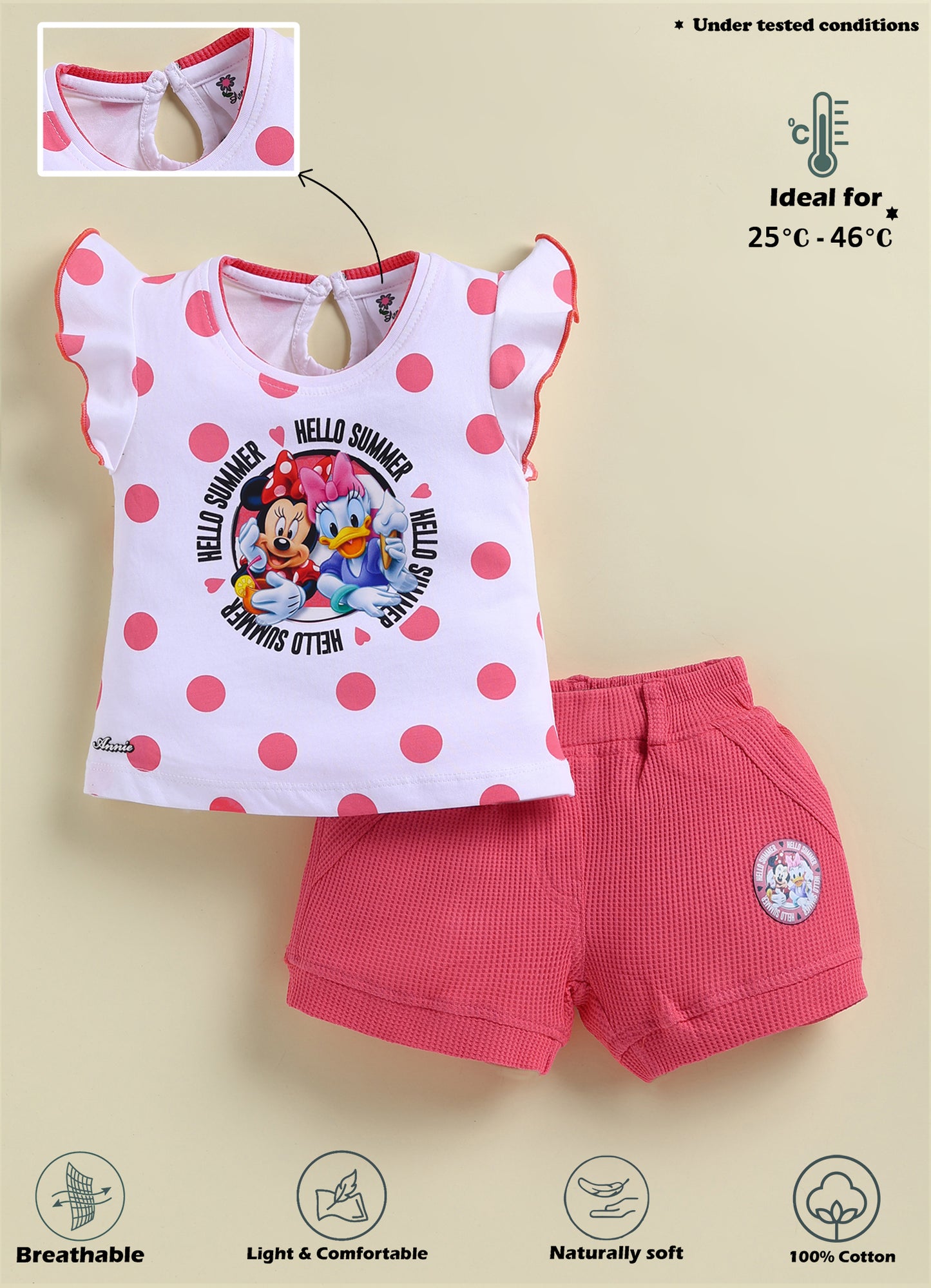 Annie Girls Minnie Mouse & Daisy Duck "Hello Summer" Polka Dot Pink Top and Shorts Set