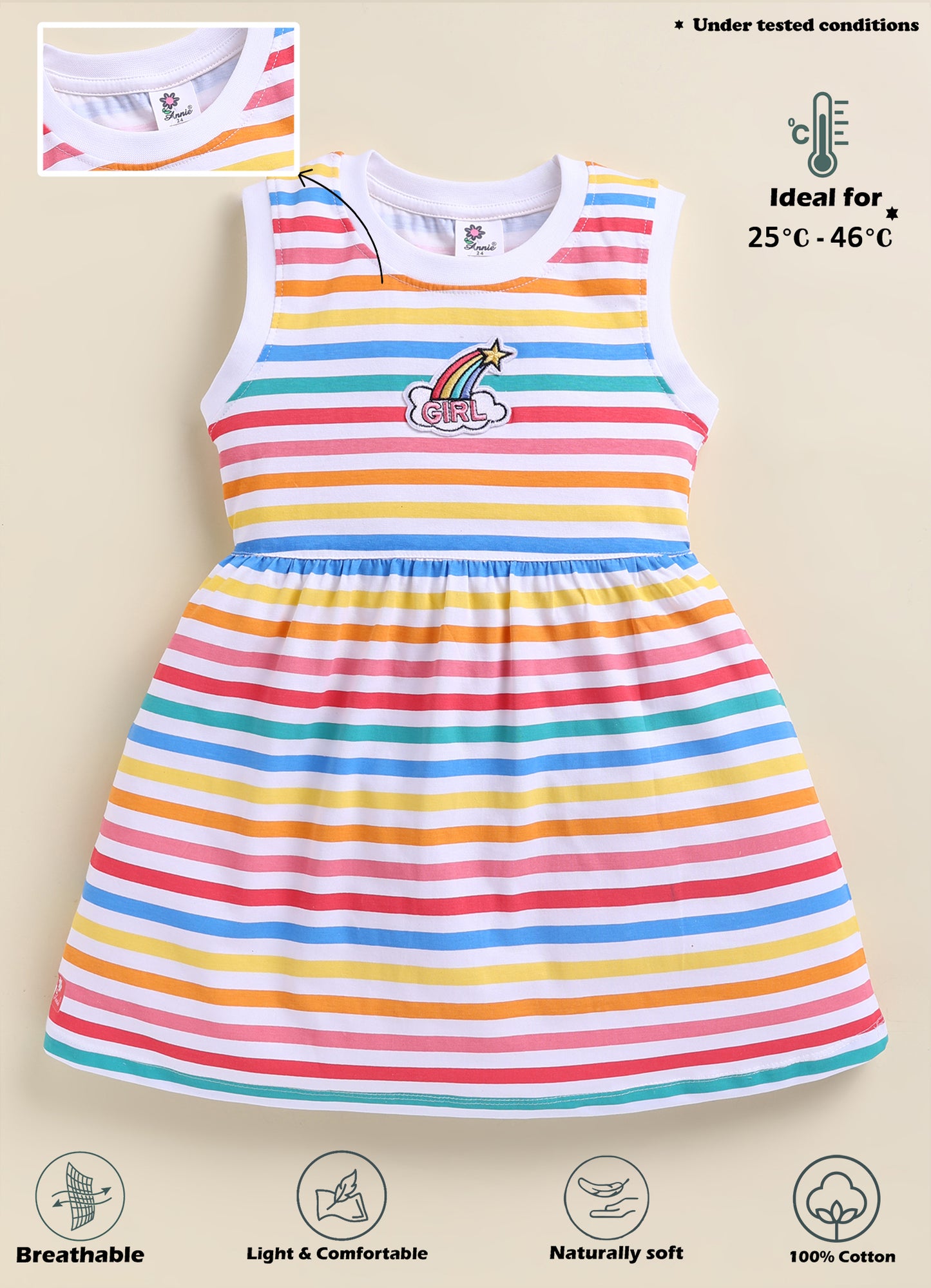 Annie Girls Rainbow Striped Sleeveless Red Frock
