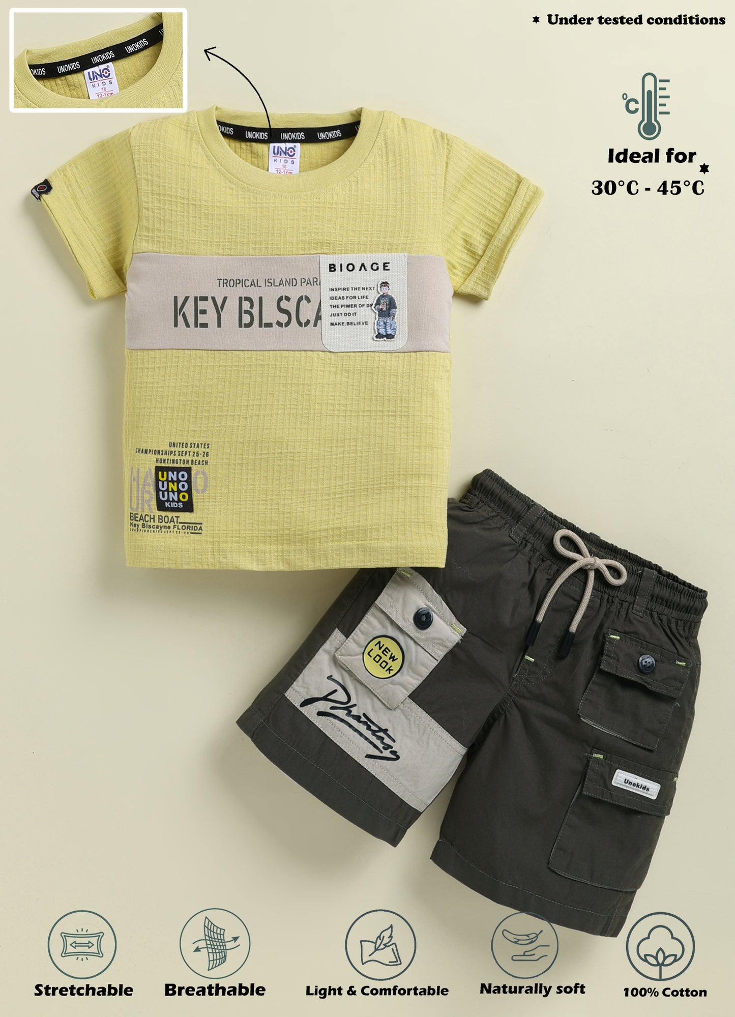 Unokids Boys Urban Graphic Tee and Cargo Shorts Set - Lemon