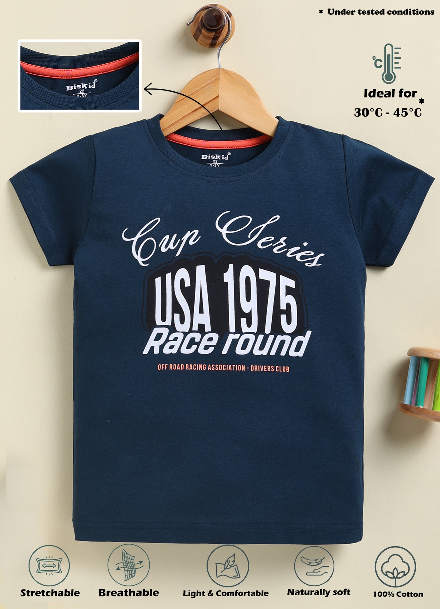 Biskid Boys "Cup Series" Racing Graphic Crew Neck T-Shirt - Navy Blue