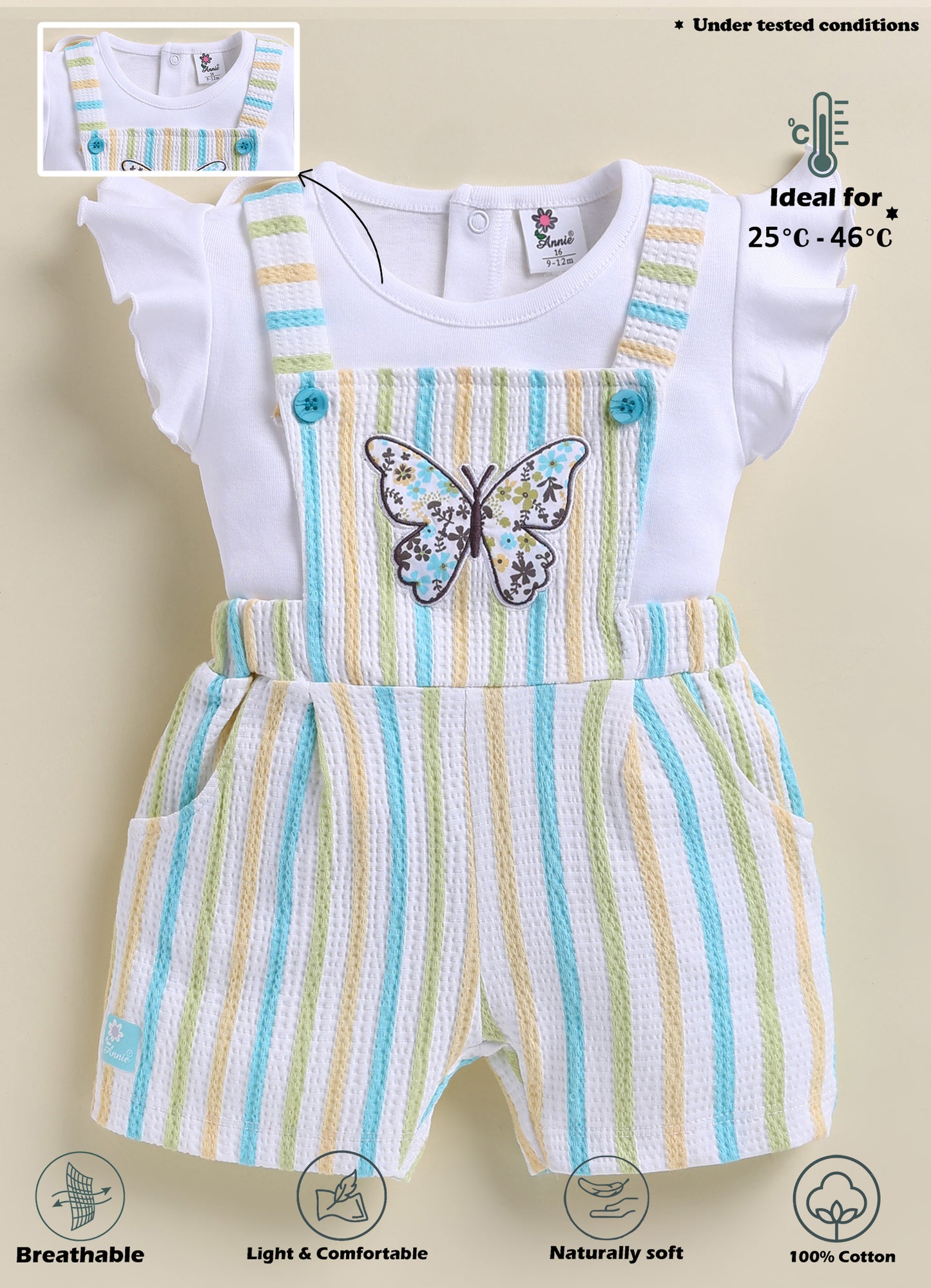 Annie Girls Pastel Striped Butterfly Overalls and Flutter Sleeve Top Set- Blue