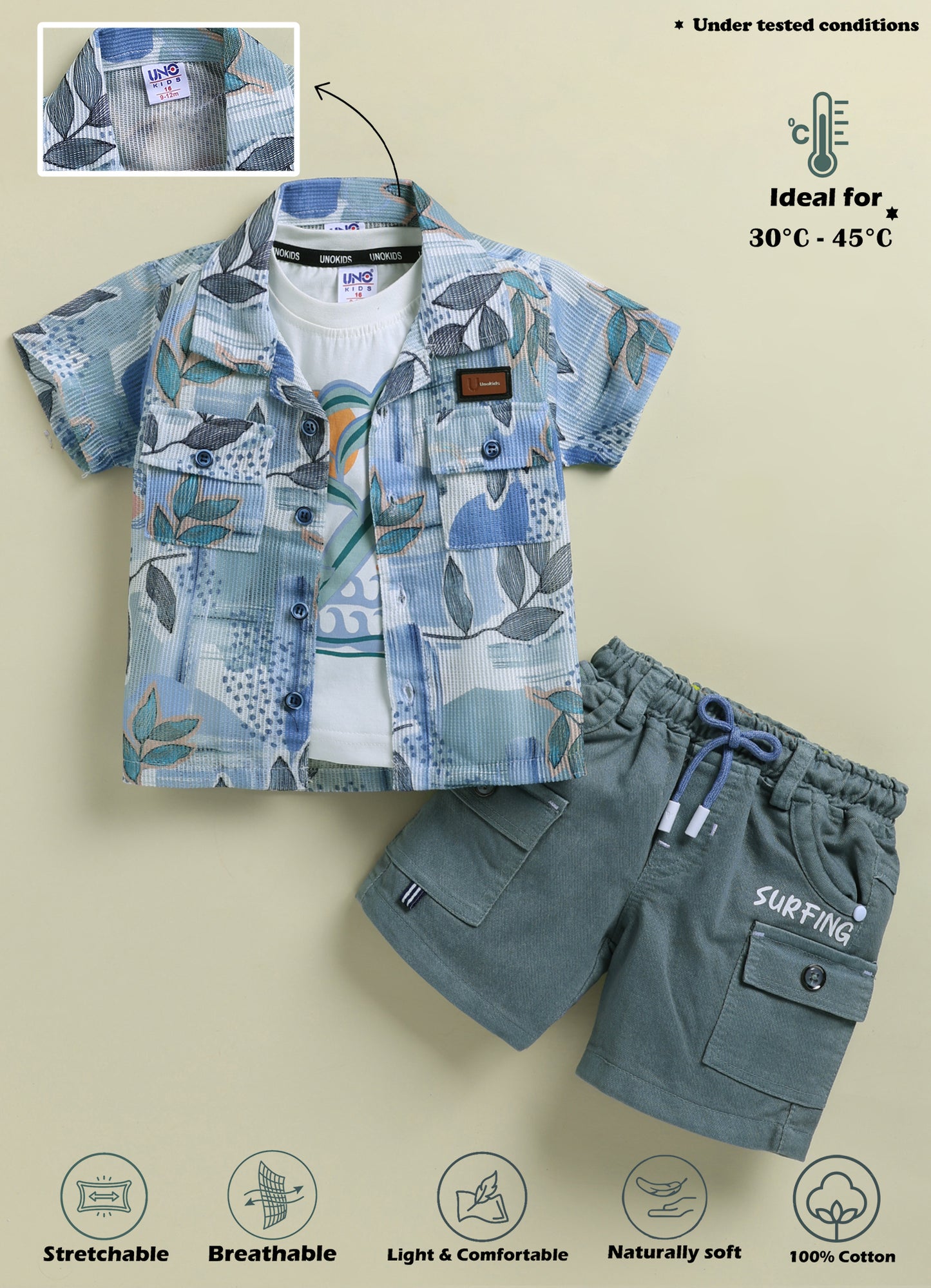 UNO KIDS Tropical Leaf Print 3-Piece Surf Suit Set for Boys-Grey