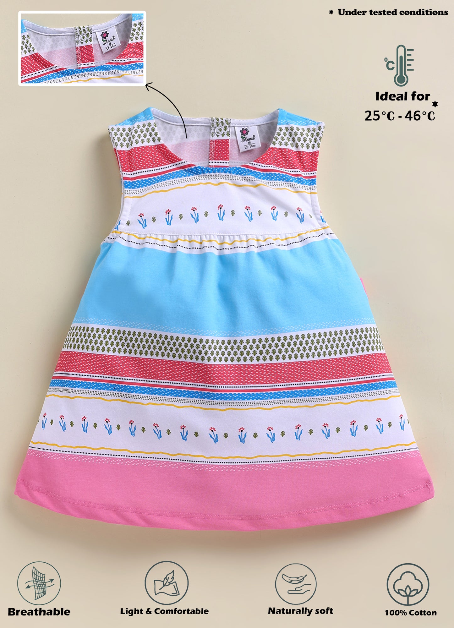 Annie Girls Colorful Striped Floral Sleeveless Red Frock