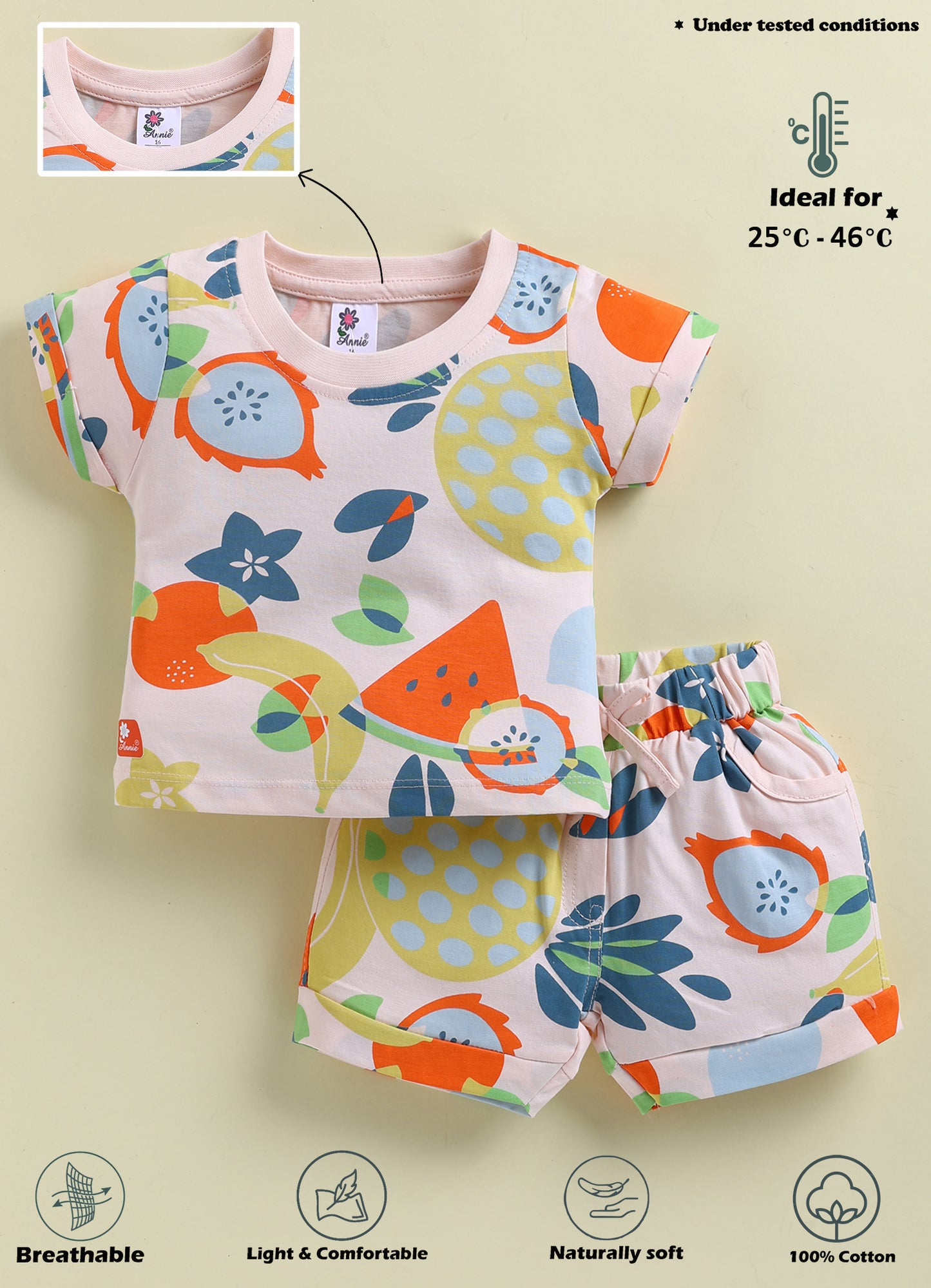 Annie Girls Tropical Fruit Print Baby PinkT-Shirt and Shorts Set