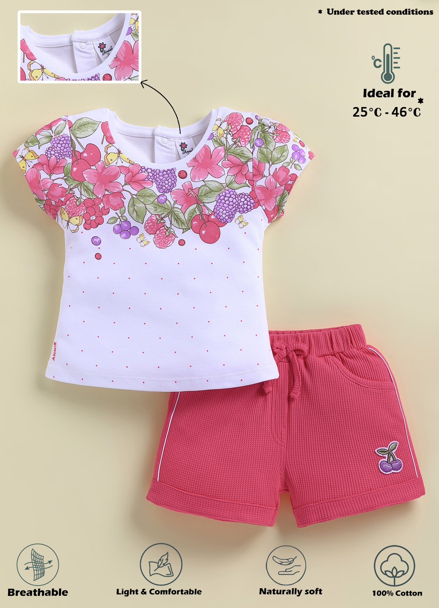 Annie Girls Floral & Berry Print Top and Red Shorts Set