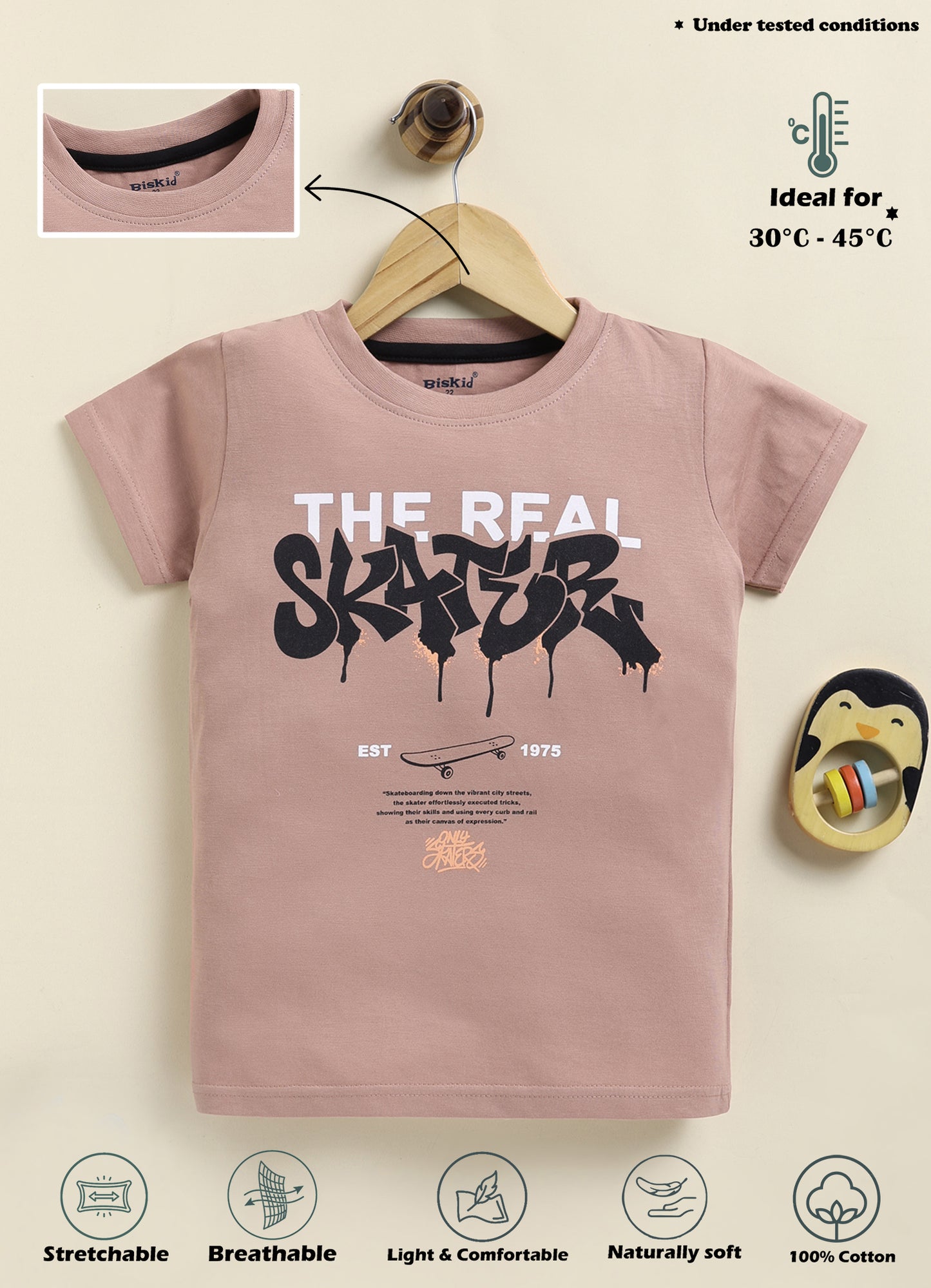 Biskid Boys "The Real Skater" Graffiti Graphic Crew Neck T-Shirt - Light Brown