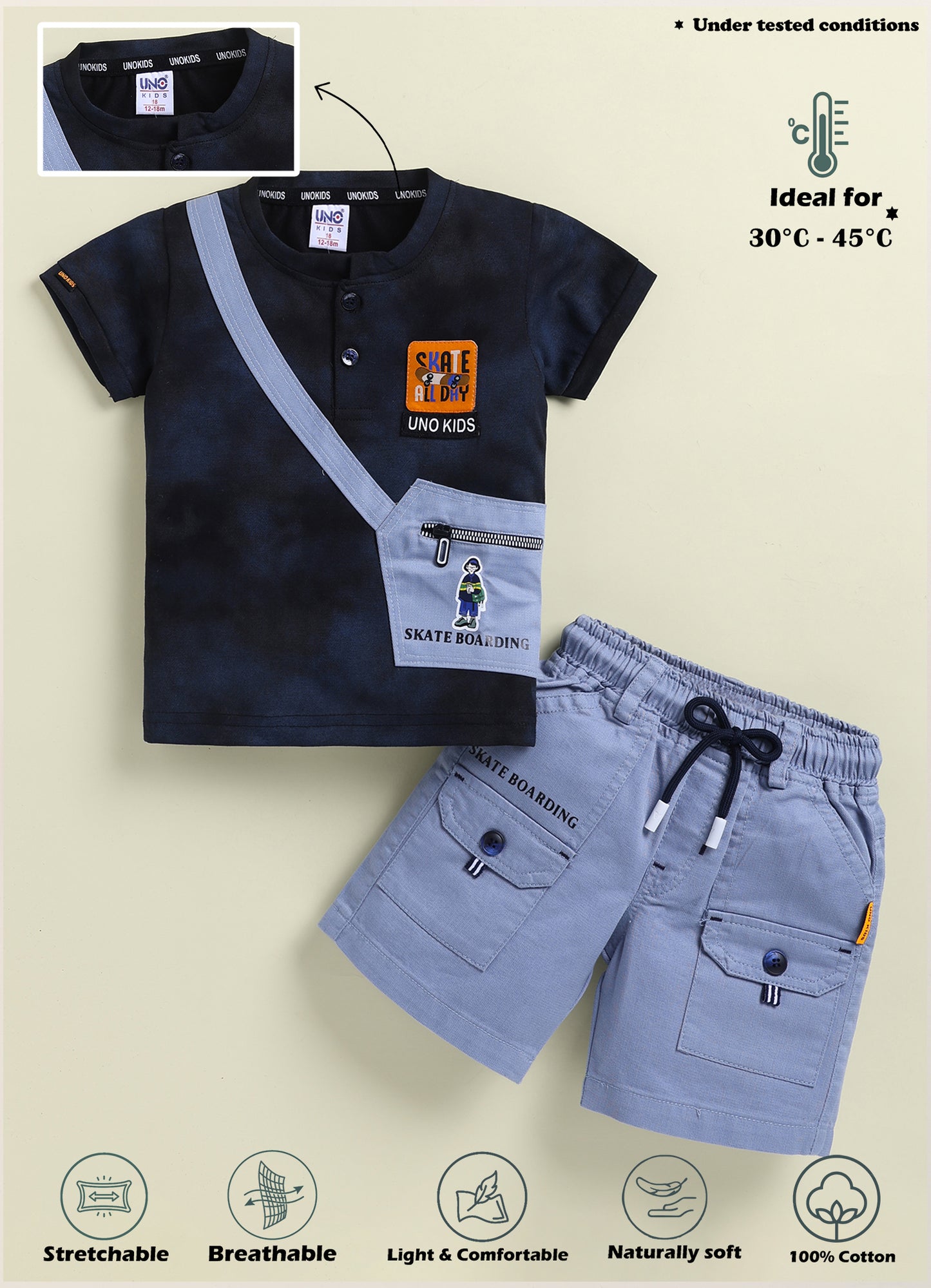 Unokids Boys "Skate All Day" Graphic T-Shirt and Cargo Shorts Set - Navy Blue