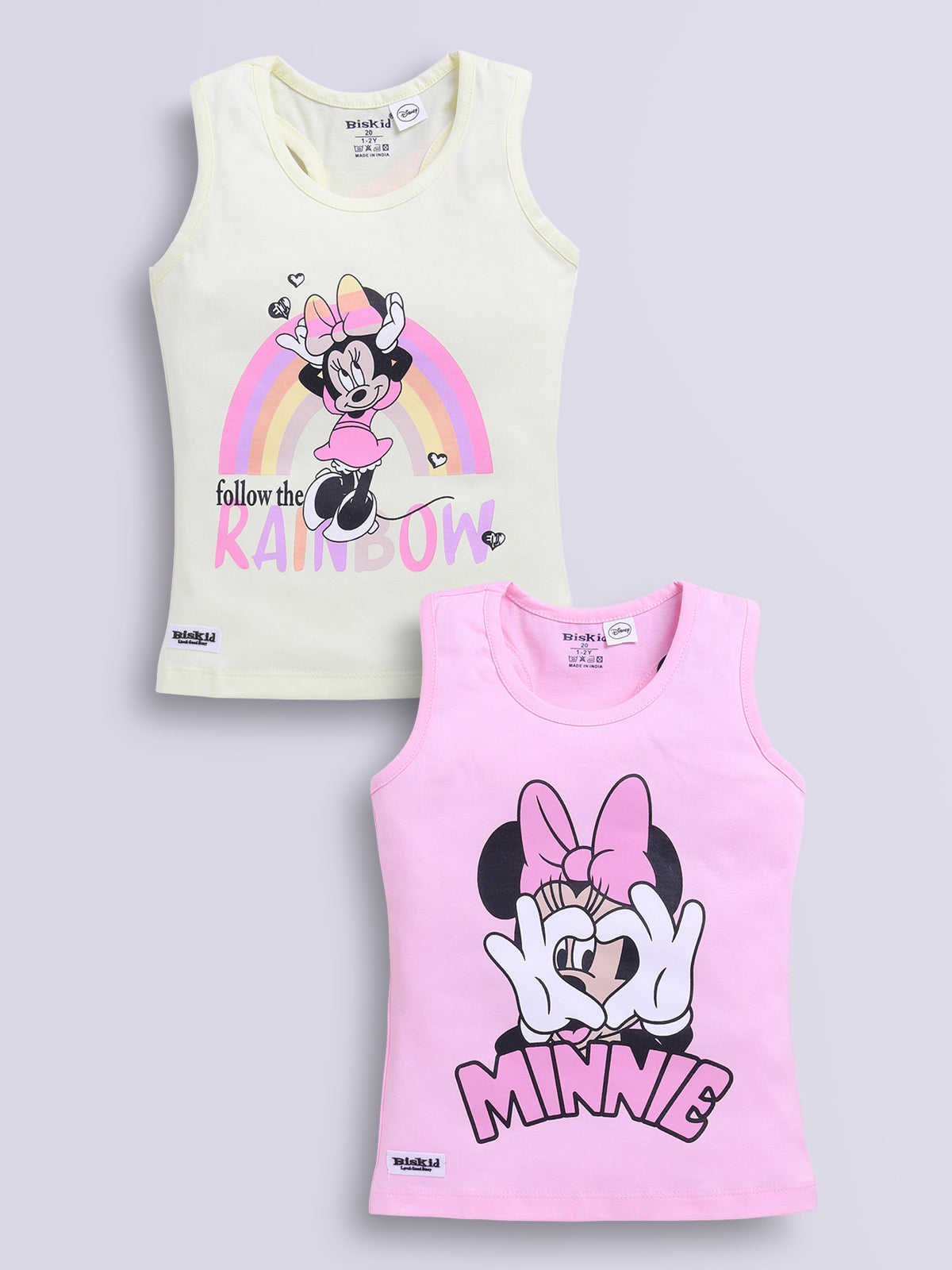 Biskid Girls Disney Minnie Mouse Lemon Yellow "Follow the Rainbow" and Pink Heart Hands Sleeveless Tank Top Combo (Pack of 2)