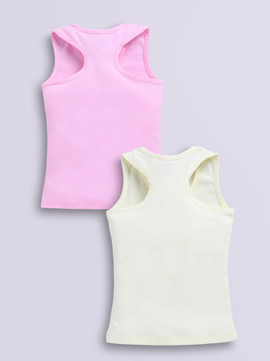 Biskid Girls Disney Minnie Mouse Lemon Yellow "Follow the Rainbow" and Pink Heart Hands Sleeveless Tank Top Combo (Pack of 2)