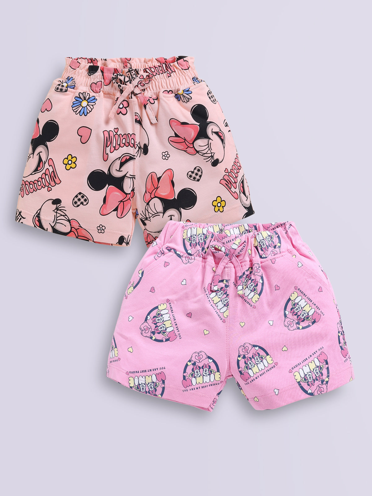 Image file lpc_pik.jpg showing a 2-pack of Biskid girls casual shorts featuring Disney prints, including a light peach pair with an all-over Minnie Mouse print and a pink pair with "Best Friends" Minnie Mouse graphic motifs.