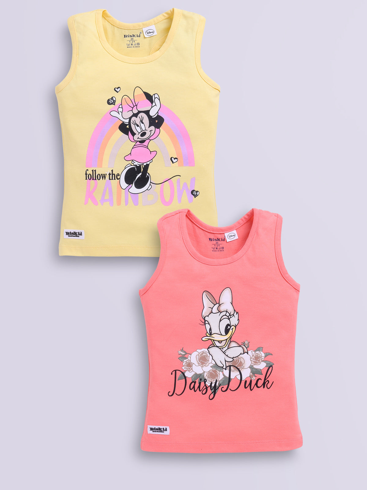 Biskid Girls Disney Minnie Mouse Yellow "Follow the Rainbow" and Daisy Duck Peach Floral Sleeveless Tank Top Combo (Pack of 2)