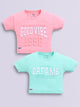Image file lt.peach_scagreen.jpg showing a 2-pack of Biskid girls short-sleeve casual crop tops featuring embossed typographic prints, including a light peach "GOOD VIBE 1998" top and a sea green "DREAMS NEW YORK" top.